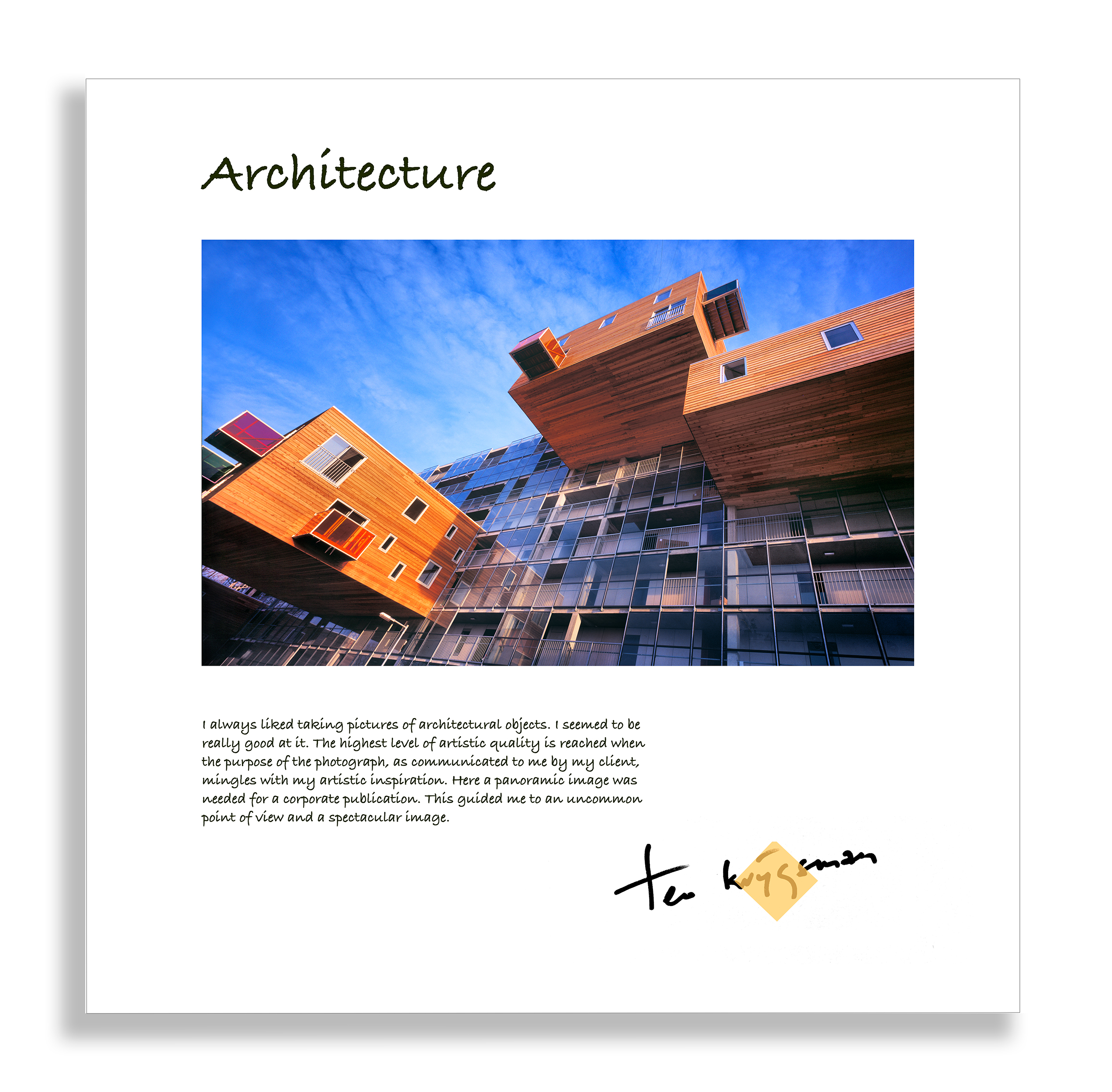 Themaprint met tekst 'Architecture' gesigneerd op goudfolie